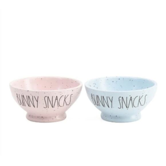 CERAMIC EASTER 2-PIECE BOWL SET BY RAE DUNN "BUNNY SNACKS" PINK & BLUE - Picture 1 of 6
